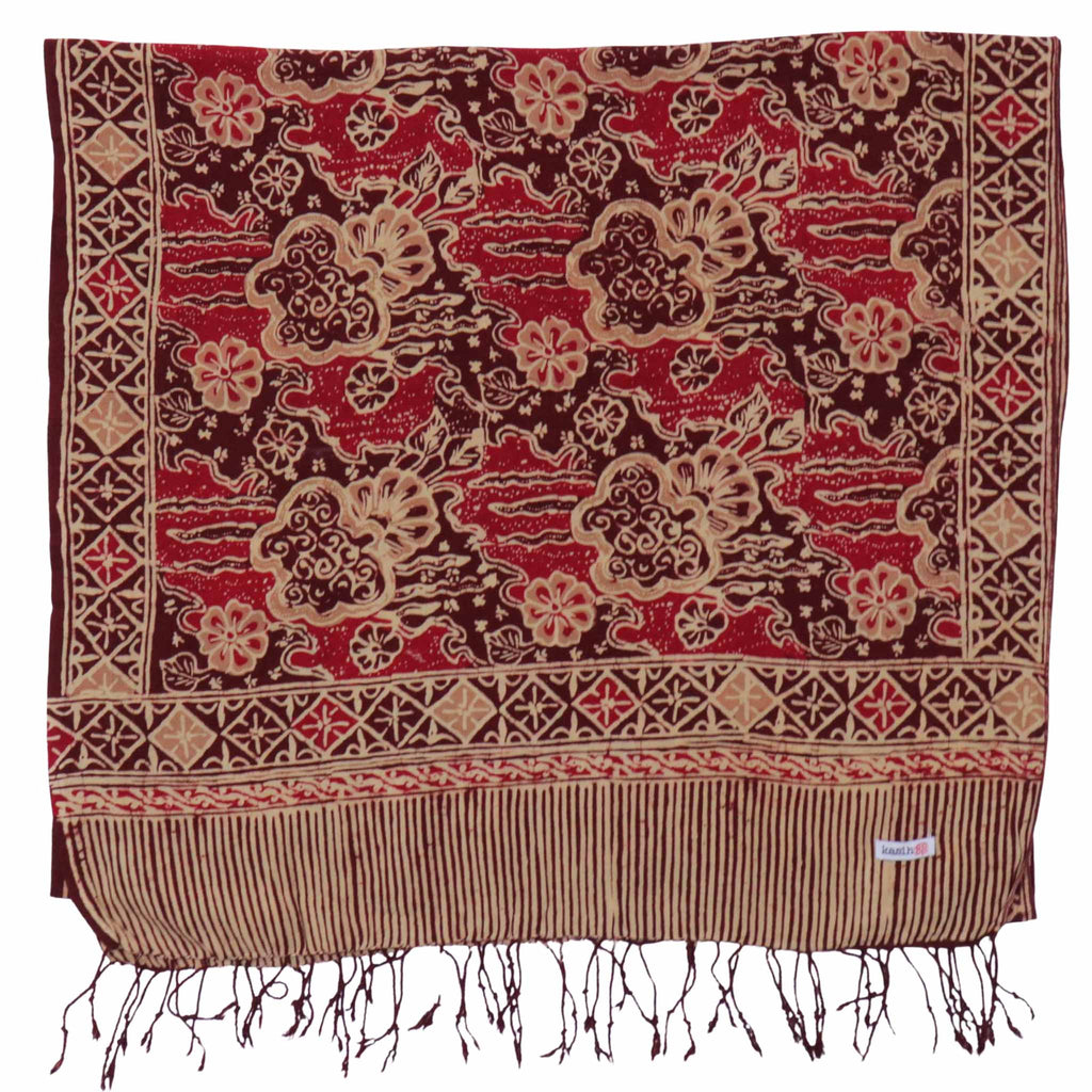 Handmade Batik Scarf, Soft Cotton, Sunlit Garden, Red Burgundy