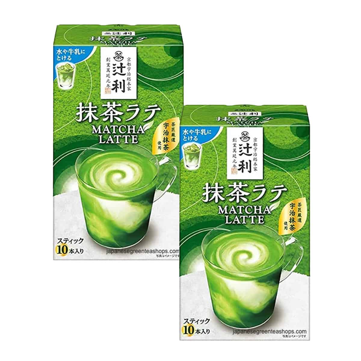 Two boxes of Tsujiri Matcha Latte sticks in green and white packaging.
