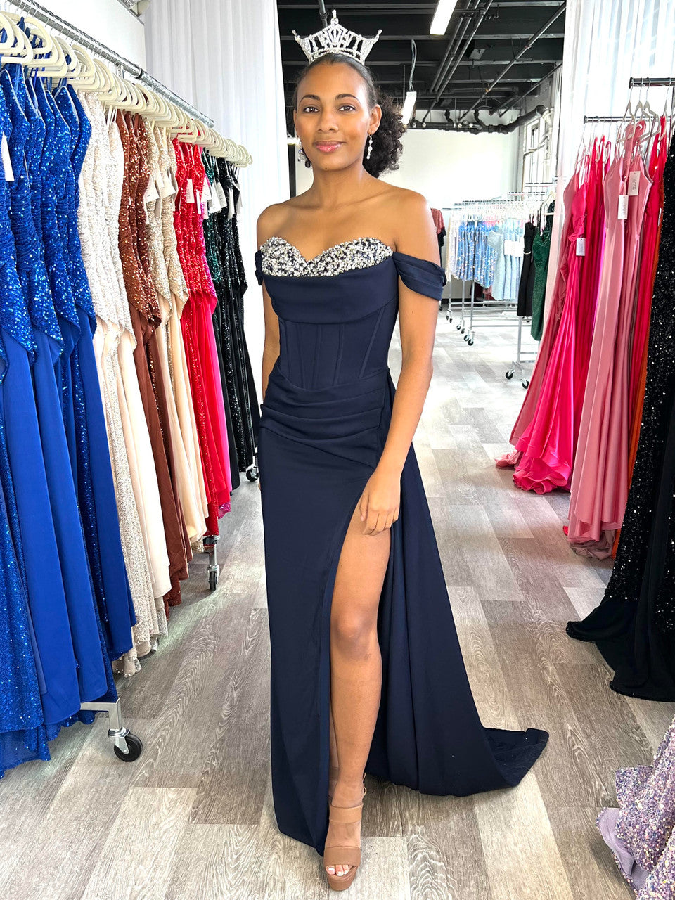 Katrina Gown - Navy - Corset Dress With Crystal Detail