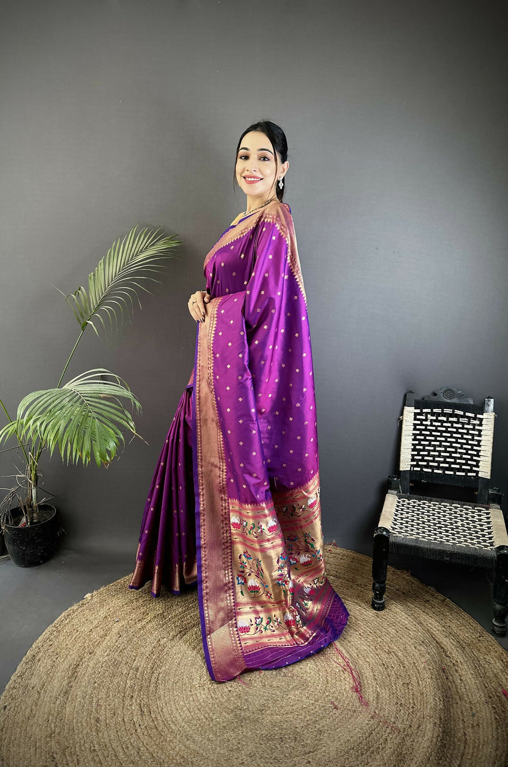Purple Butti Woven Soft Lichi Silk Paithani Saree with Blouse