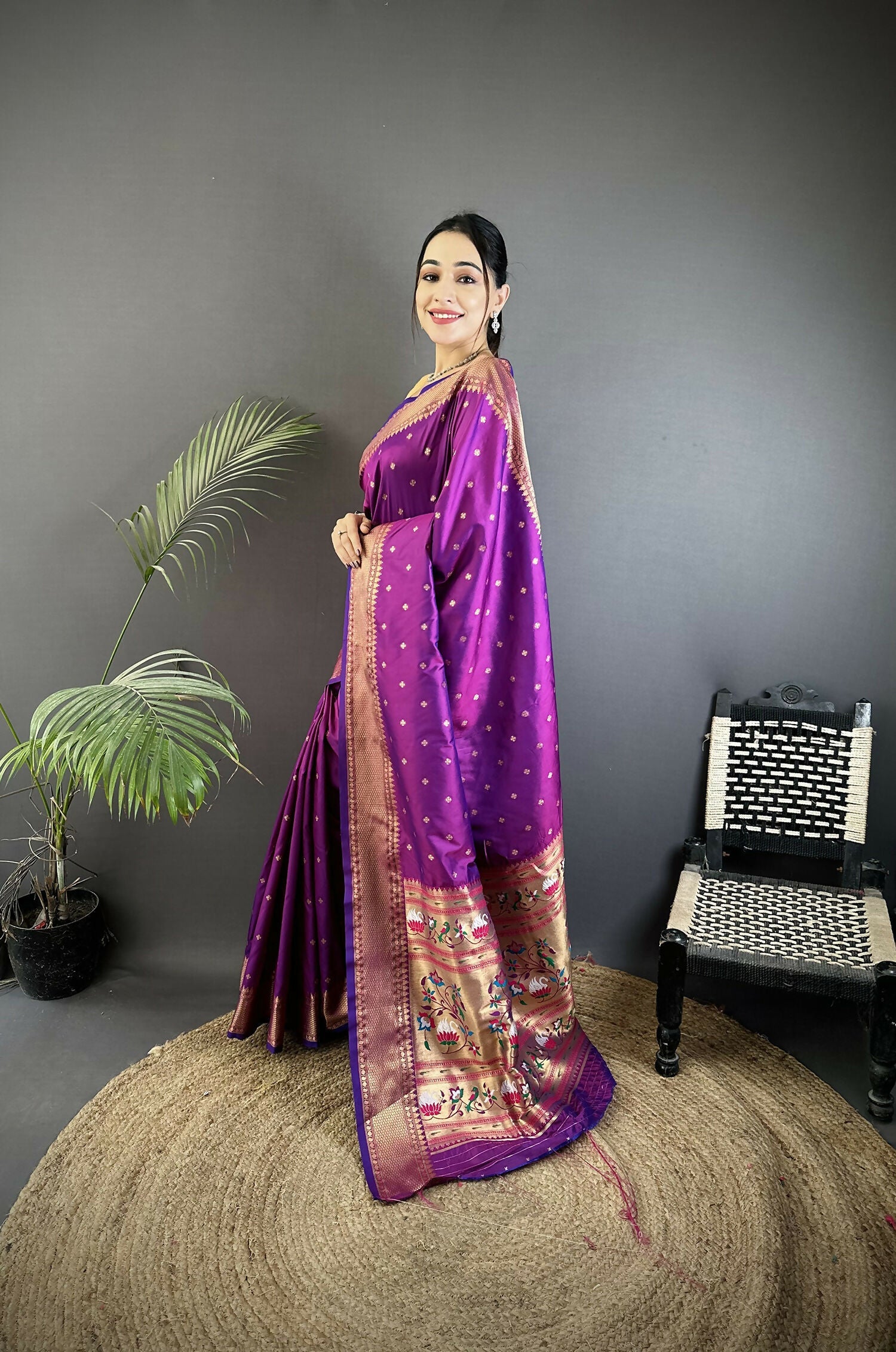 Purple Butti Woven Soft Lichi Silk Paithani Saree with Blouse