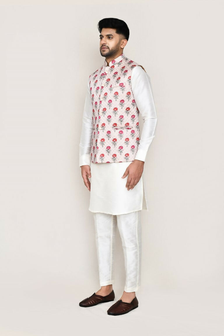 White Art Silk Kurta Set with Matching Jacket and Straight Pants