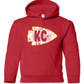 Youth red hoodie with distressed white and yellow KC arrowhead graphic on front