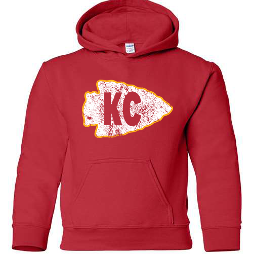 Youth red hoodie with distressed white and yellow KC arrowhead graphic on front