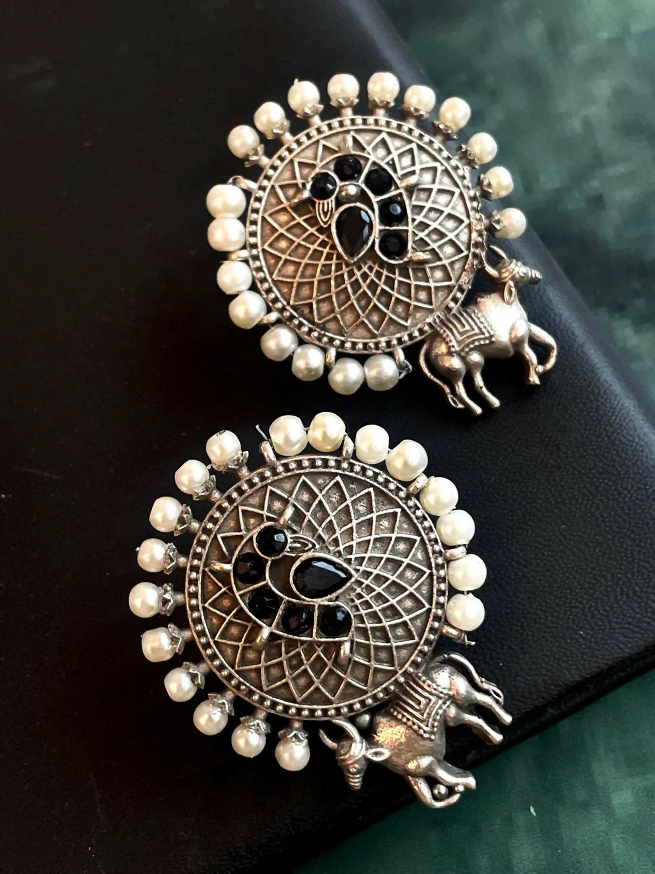 Elegant black oxidized silver replica brass earrings with 2-inch drop length
