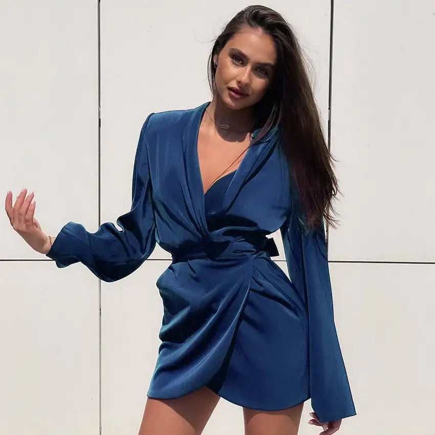 Women's Blue Satin Long Sleeve Mini Wrap Dress - Image 2