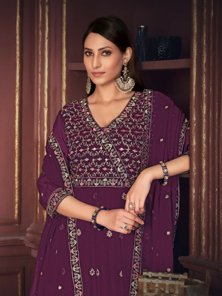 Women's Purple Georgette Embroidered Anarkali Kurta Pant Set