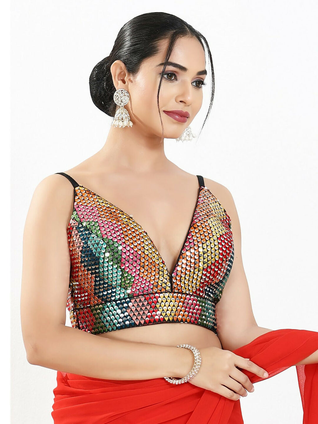 Black Multi Sequin Padded V-Neck Sleeveless Blouse