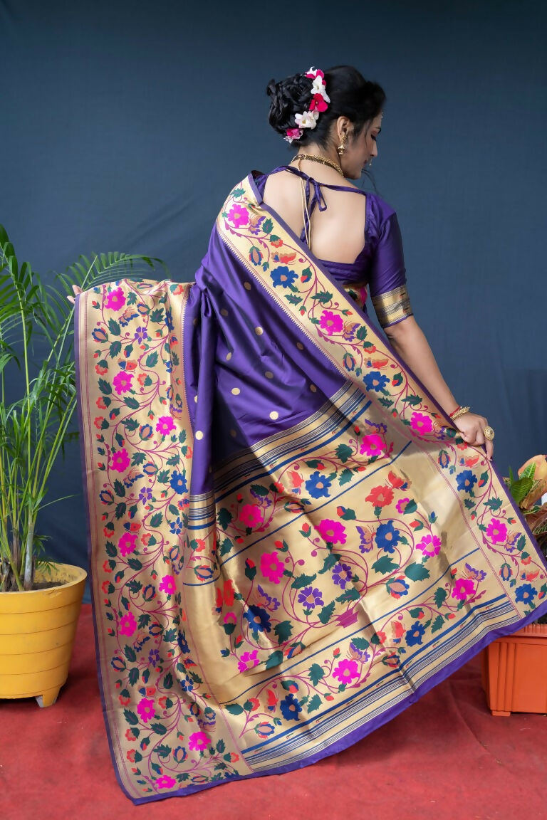 Women's Purple Paithani Silk Saree with Zari Woven Border & Blouse