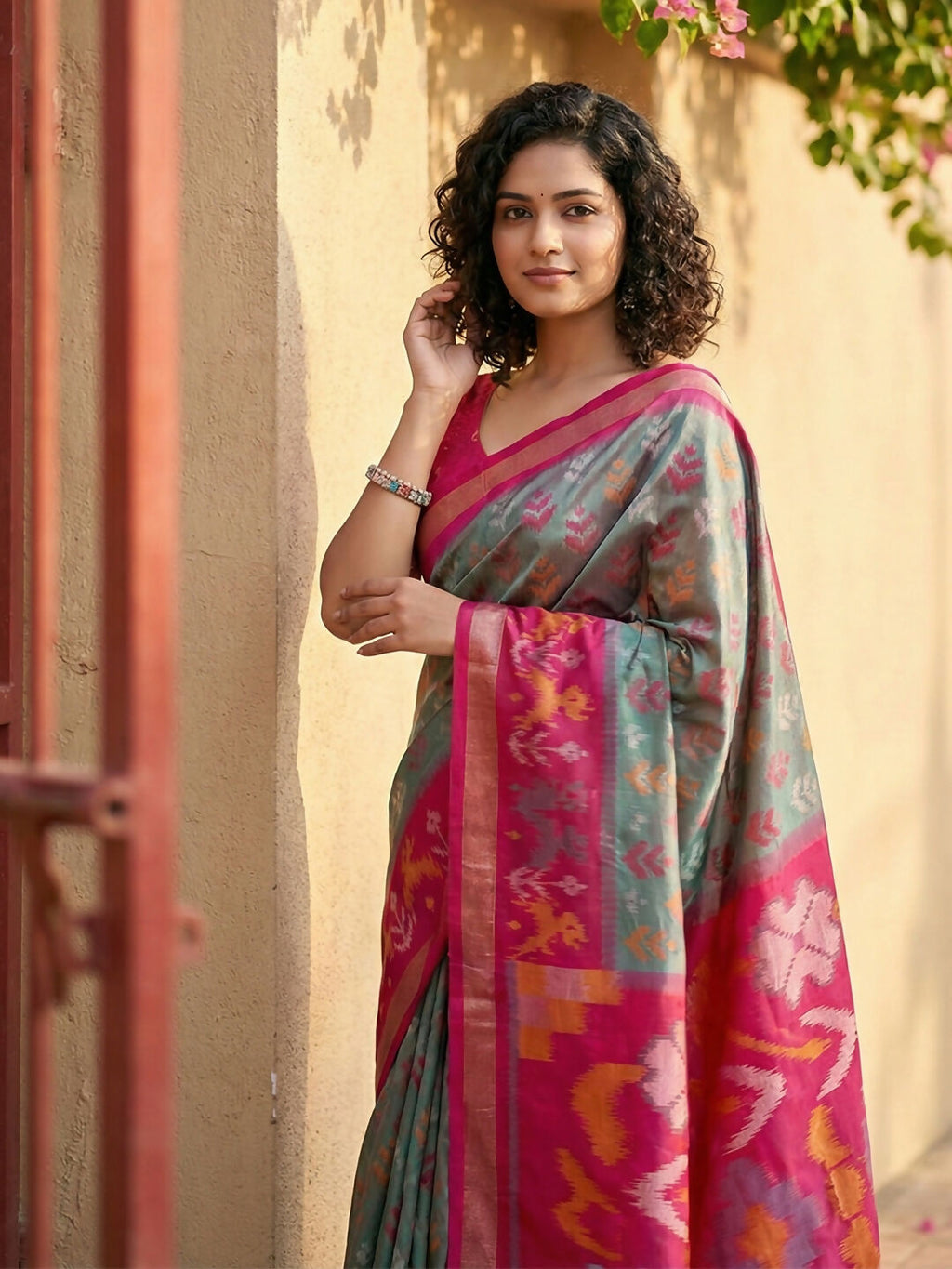 Grey Pochampally Silk Saree with Matching Blouse