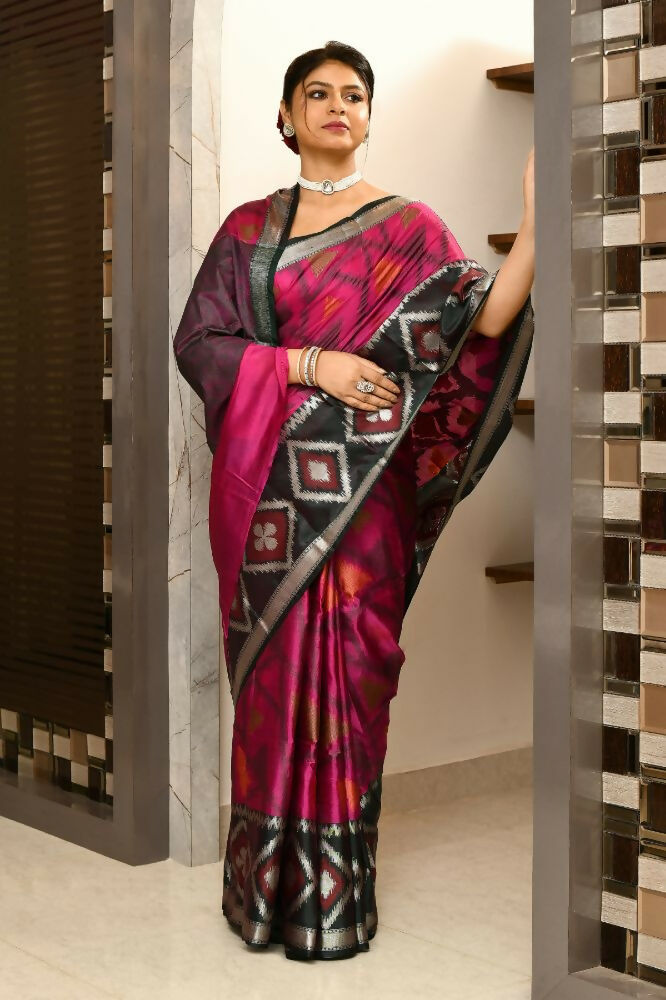 Black & Pink Kataan Ikkat Saree with Woven Details