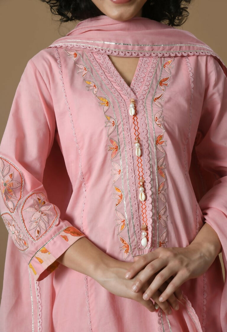 Pink Cotton Kurta Set with Organza Dupatta - 3 Piece Ethnic Set