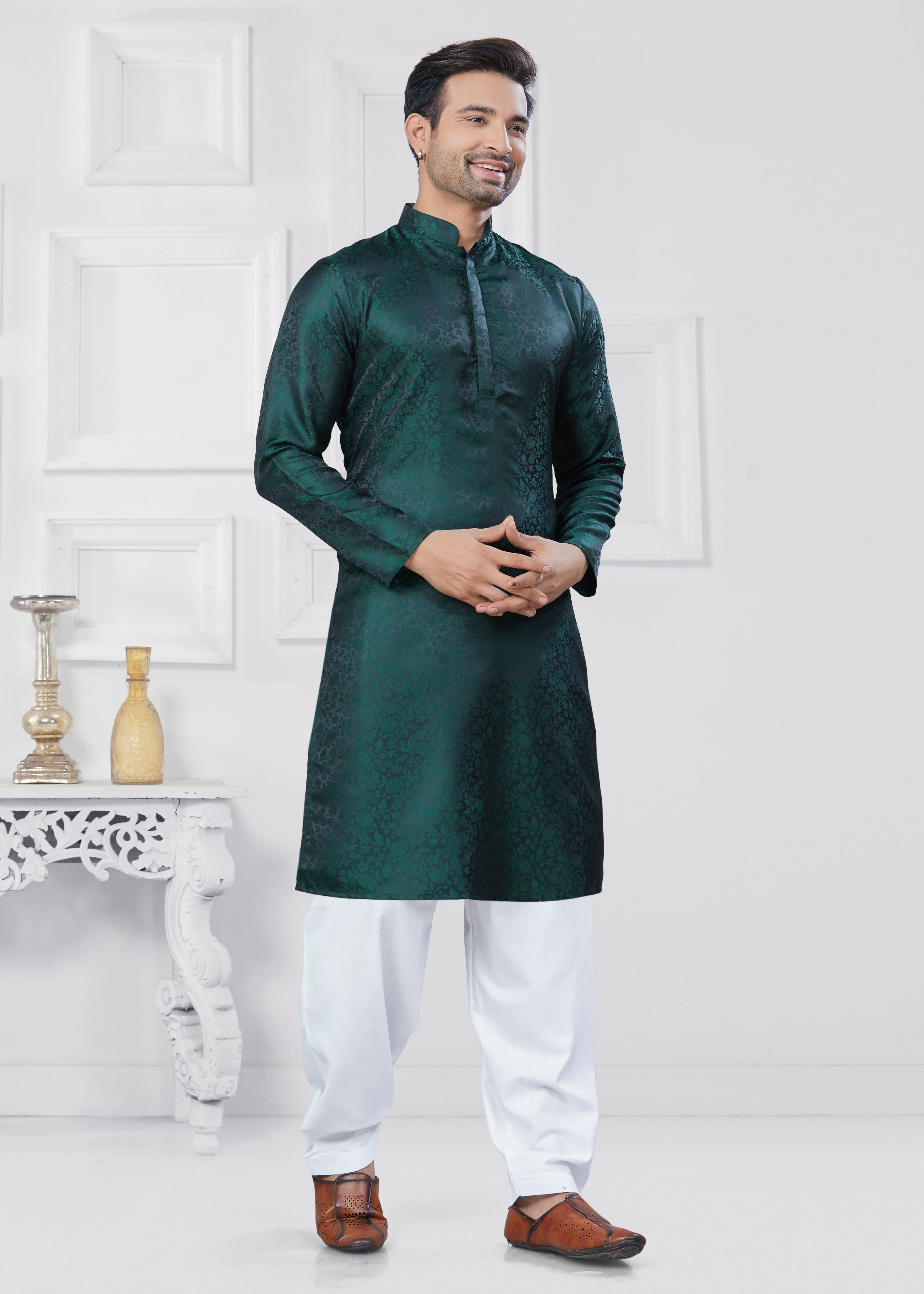 Boys Green Jacquard Silk Printed Kurta Pyjama Festive Set