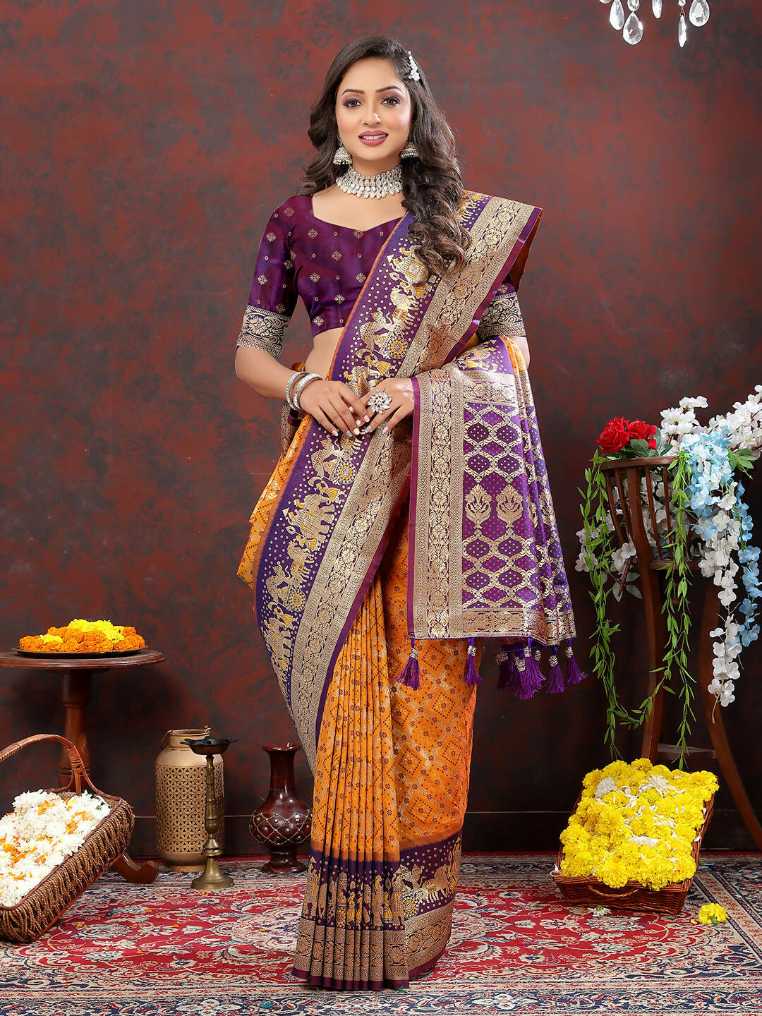 Orange & Wine Patola Silk Saree with Traditional Meenakari Work