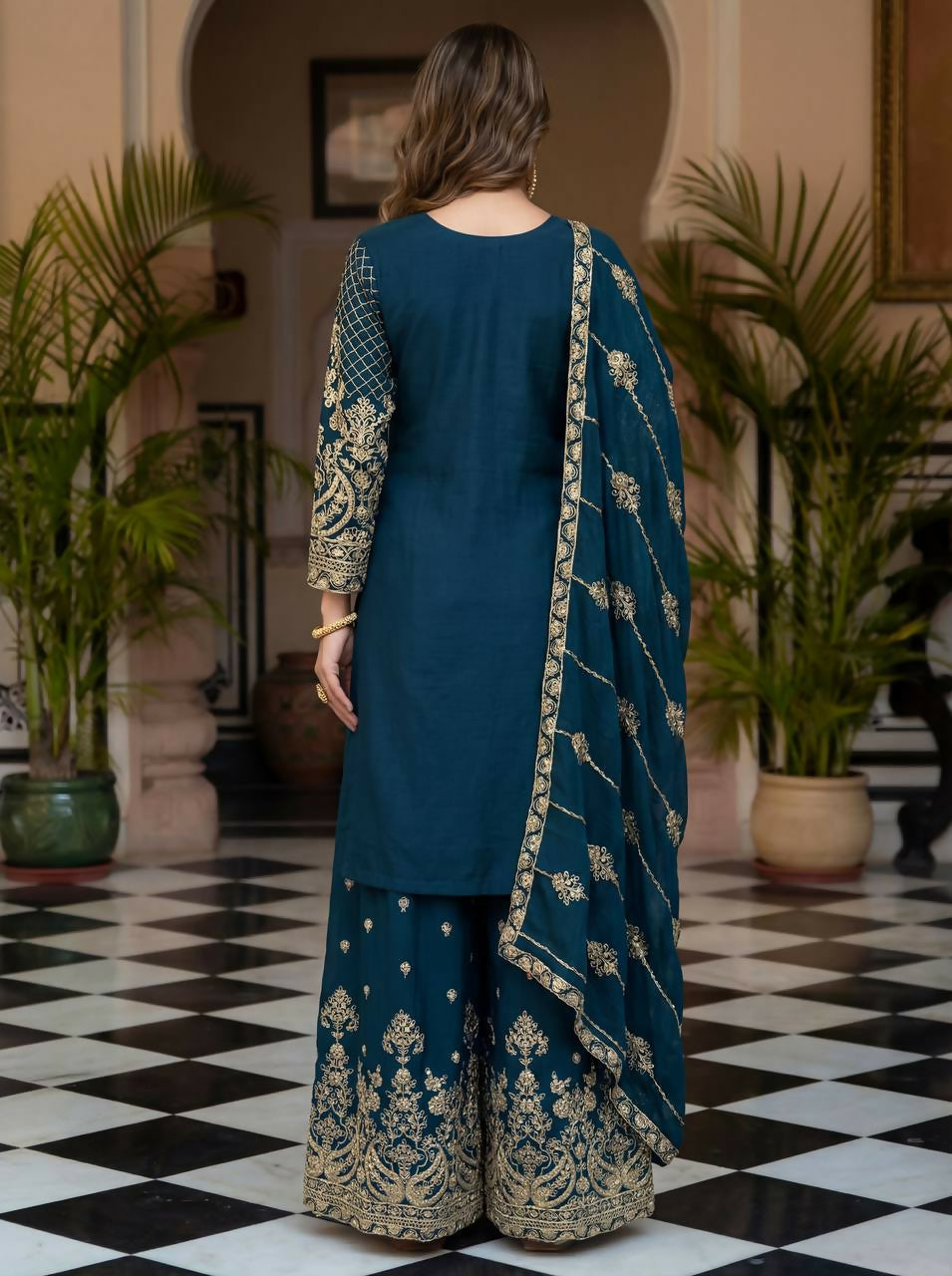 Teal Silk Embroidered Sharara Set - Luxurious Ethnic Ensemble