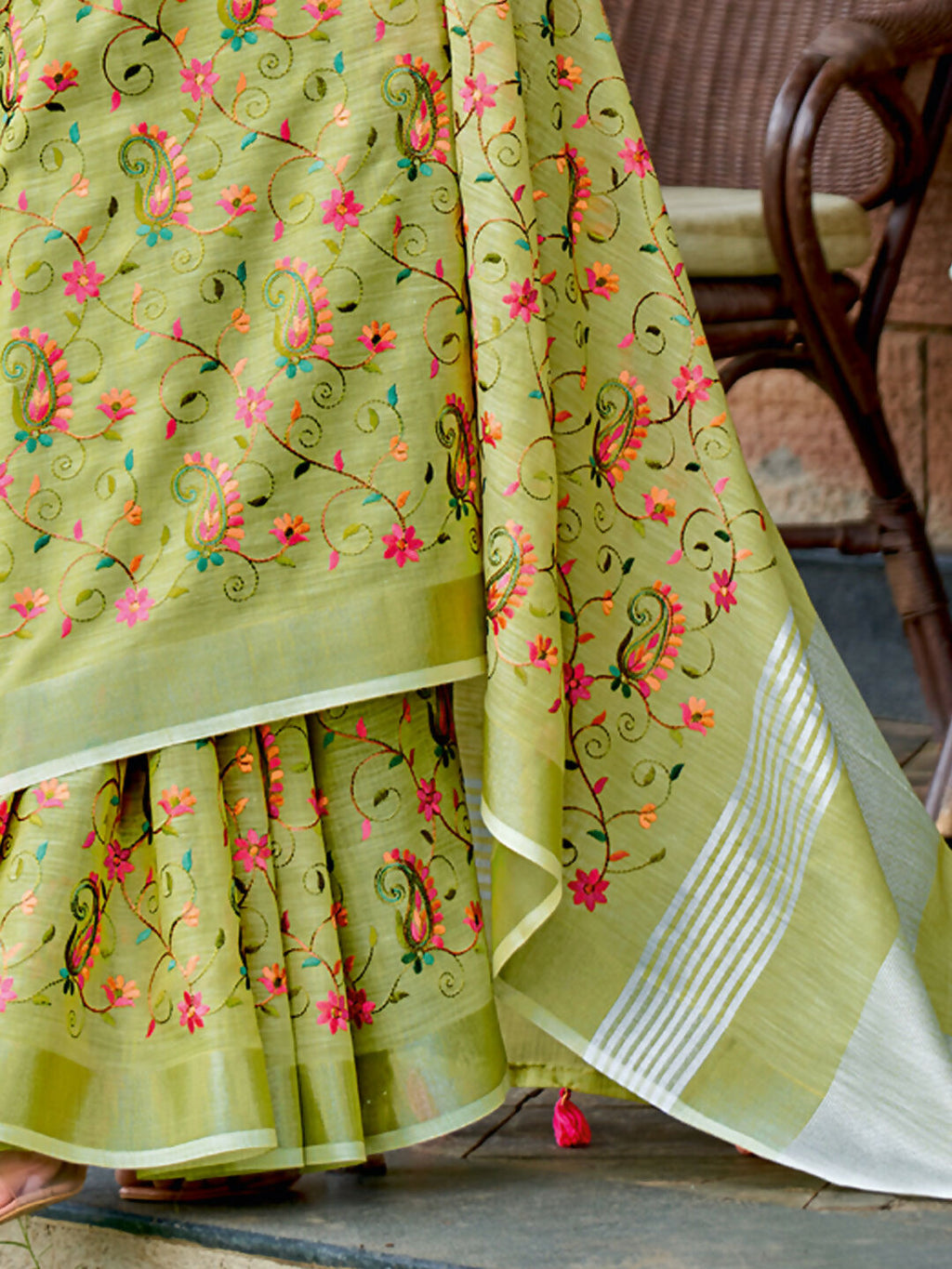 Yellow Green Linen Saree with Matching Blouse Piece