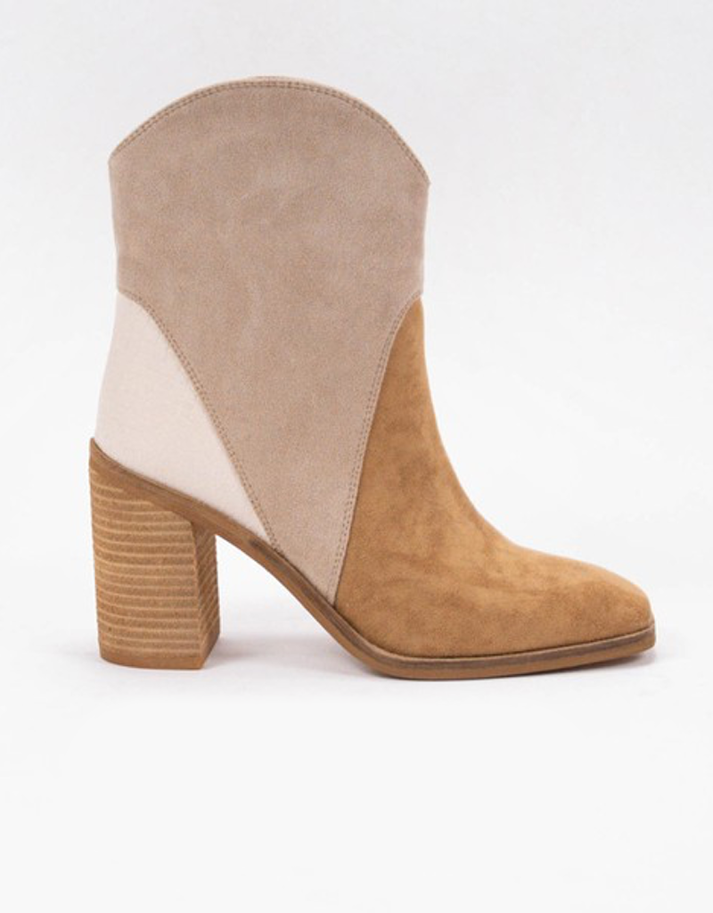 Kendall tri-tone western bootie in tan, beige, and cream suede with leather heel