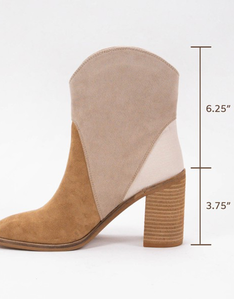 Kendall Tri-Tone Western Bootie in Tan Beige and Cream Suede