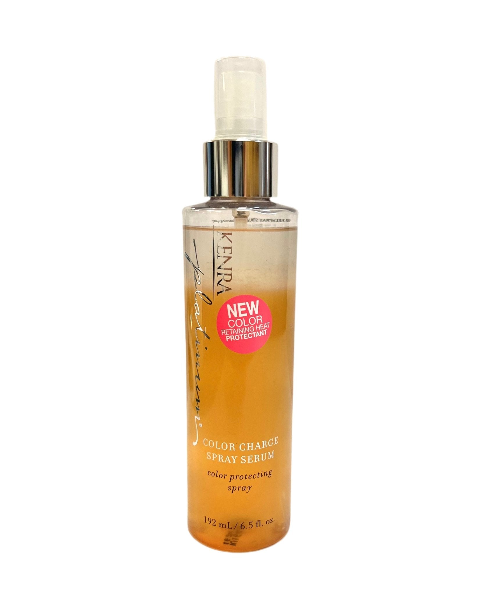 Bottle of Kenra Platinum Color Charge Spray Serum in clear and orange packaging
