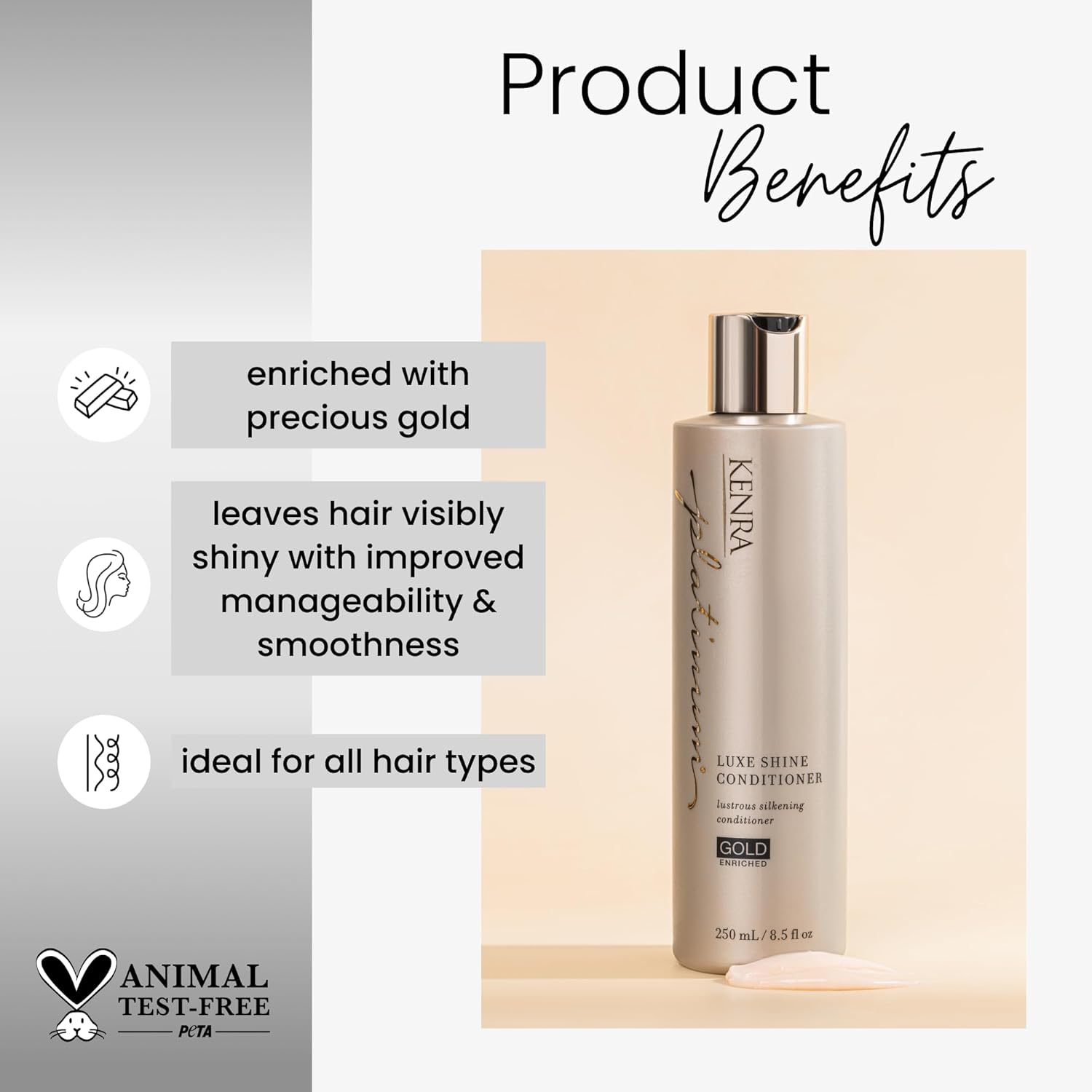 Bottle of Kenra Platinum Luxe Shine Conditioner in gold and beige packaging