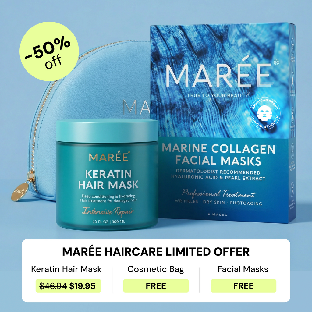 A jar of Maree Keratin Hair Mask displayed with a blue cosmetic bag and marine collagen facial masks set.