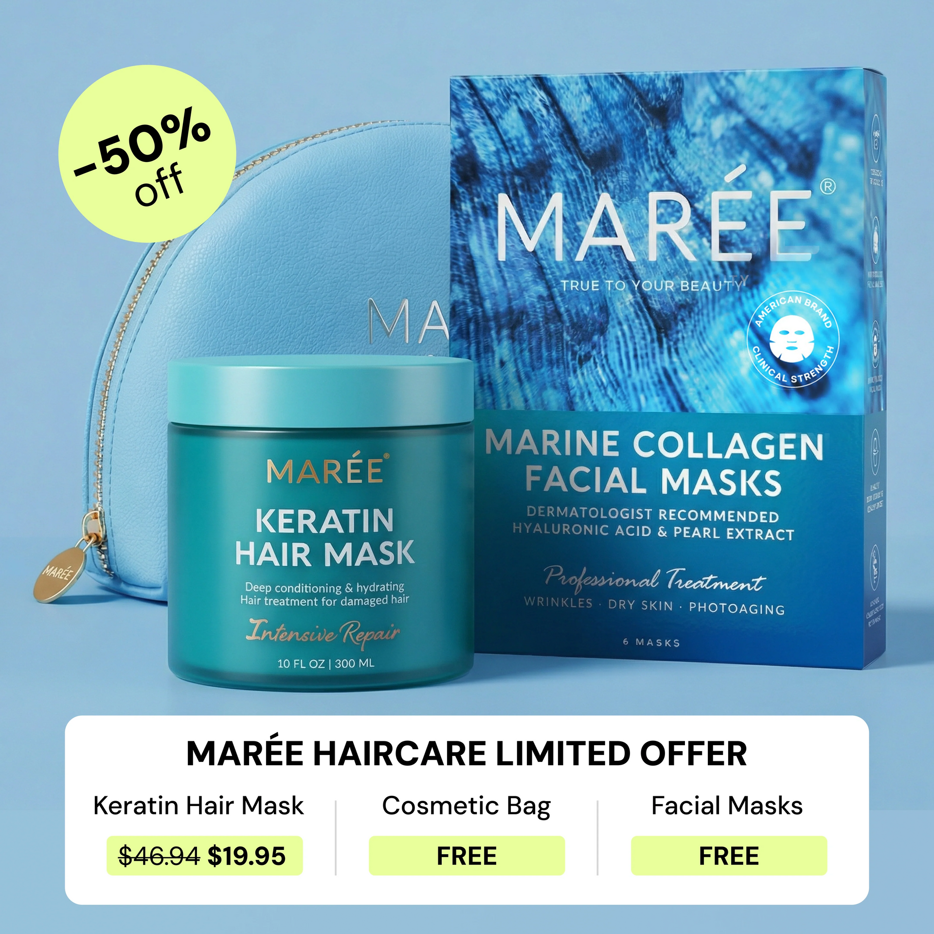 A jar of Maree Keratin Hair Mask displayed with a blue cosmetic bag and marine collagen facial masks set.