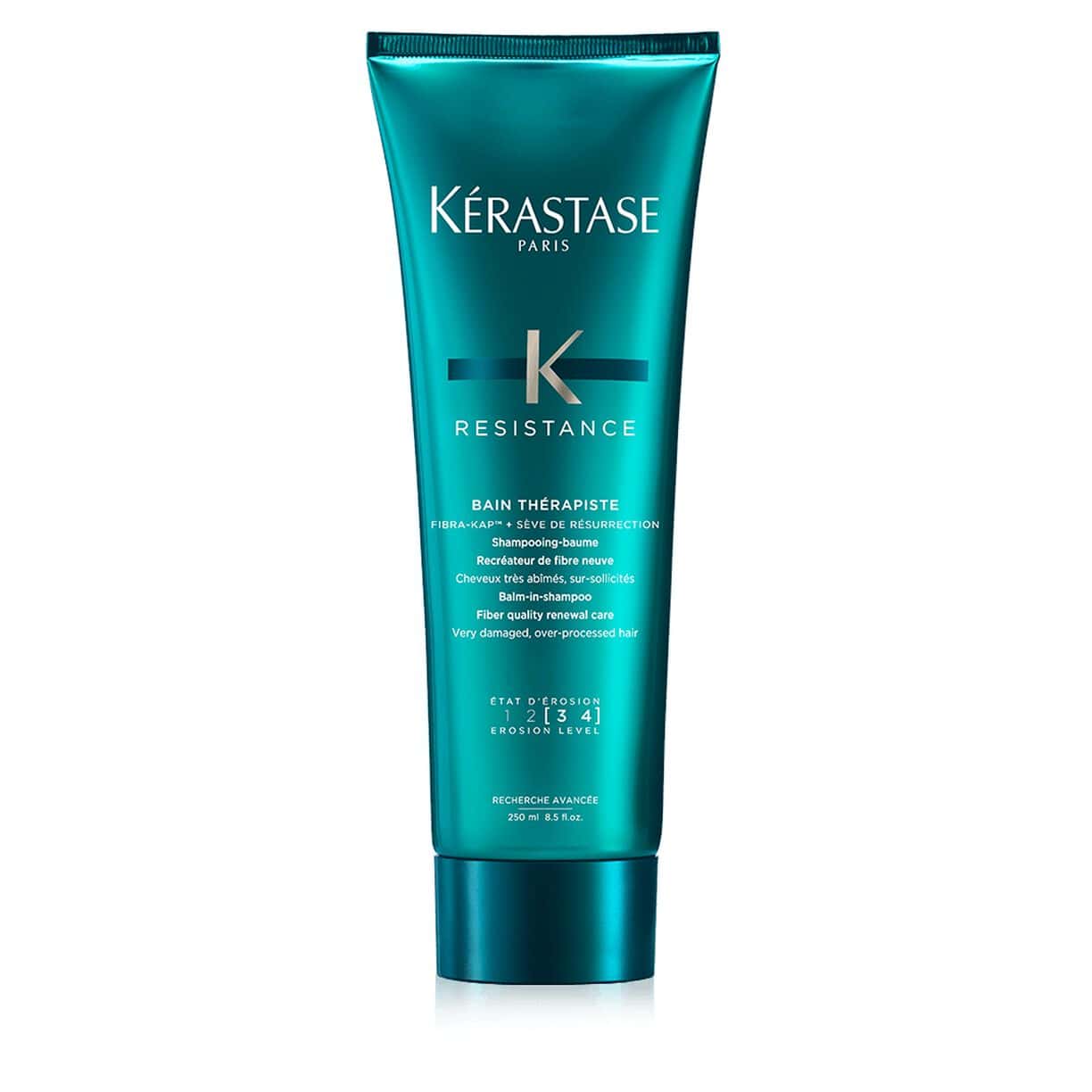 Kérastase Resistance Bain Therapiste balm-in-shampoo bottle in teal and black