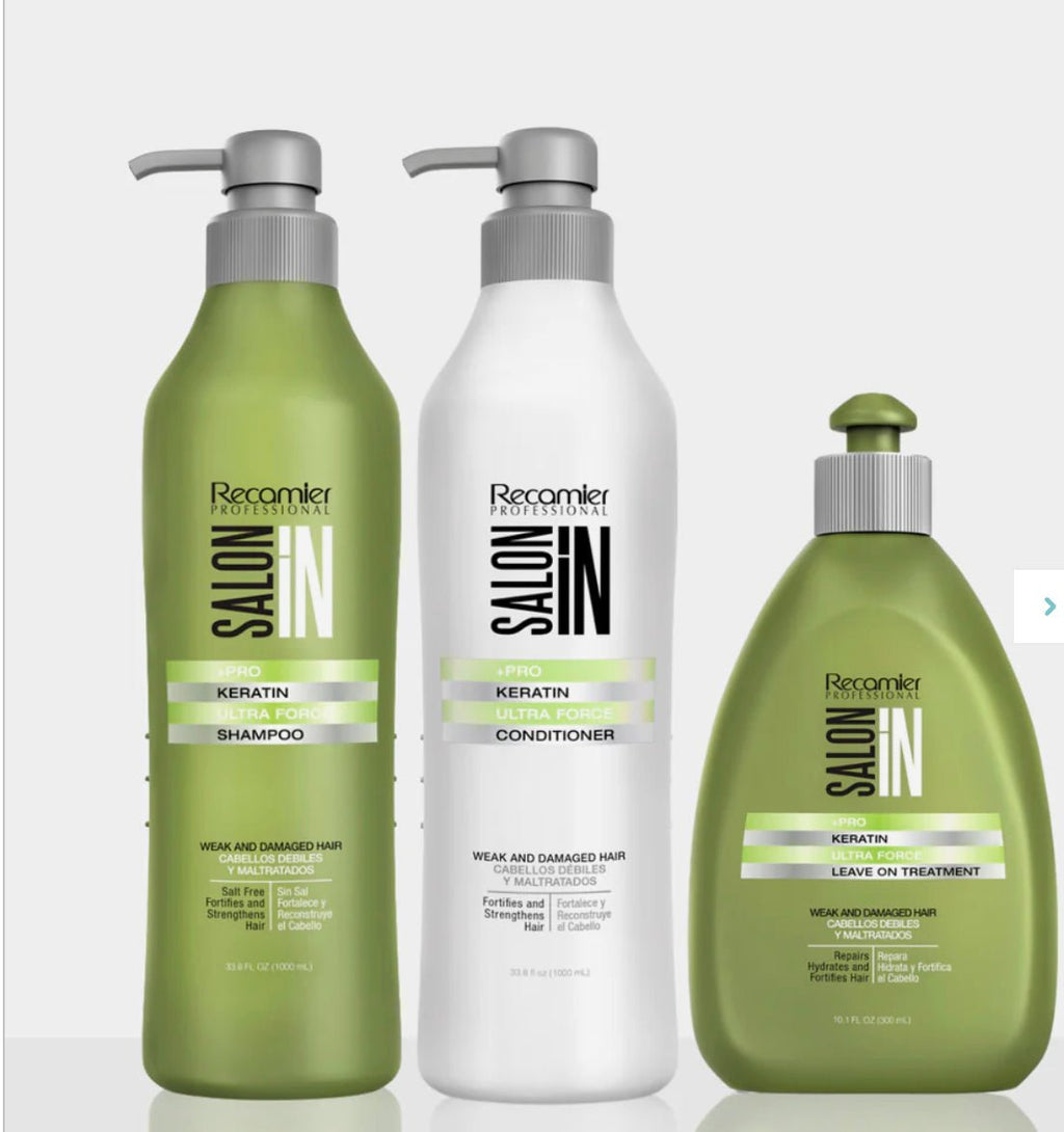 Recamier Professional Keratin Ultra Force 3-piece set including shampoo, conditioner, and leave-on treatment in green and white bottles.
