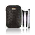 Kevyn Aucoin Making Faces 3-piece dual-ended makeup brush set in a black and gold aesthetic with vegan leather pouch.