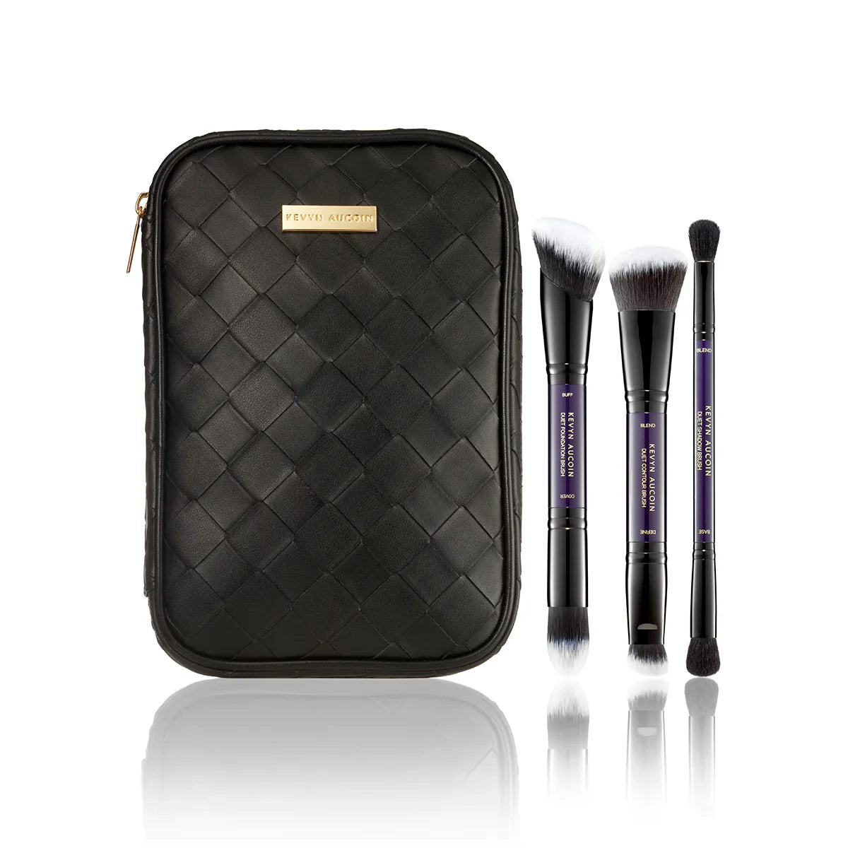 Kevyn Aucoin Making Faces 3-piece dual-ended makeup brush set in a black and gold aesthetic with vegan leather pouch.