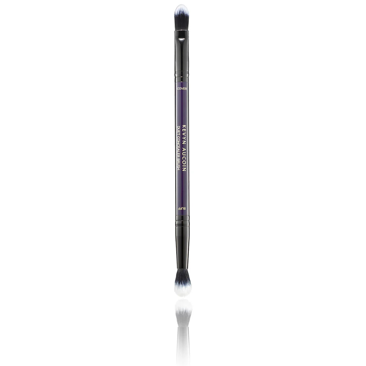 Kevyn Aucoin dual-ended concealer brush with deep purple handle and black bristles.