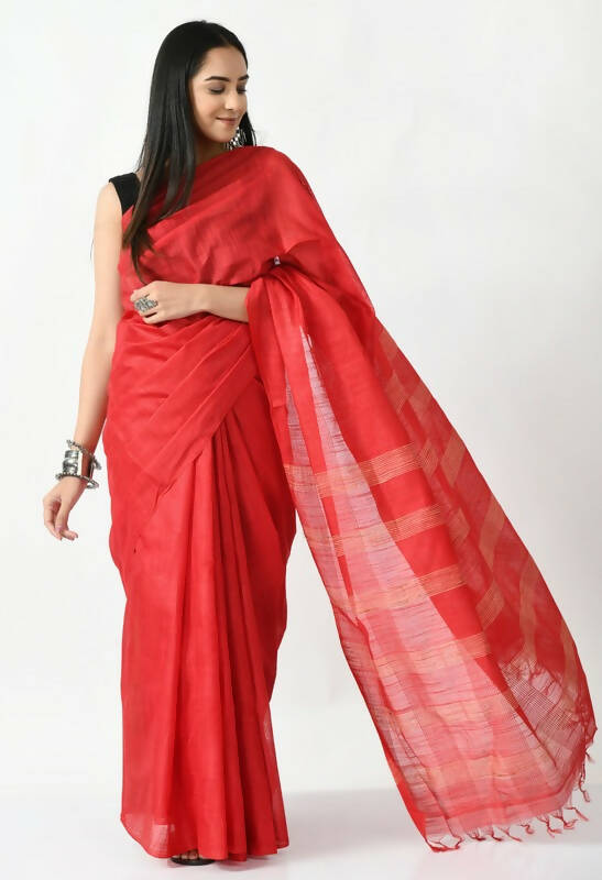 Red Bhagalpuri Handloom 8 Line Ghichha Silk Saree