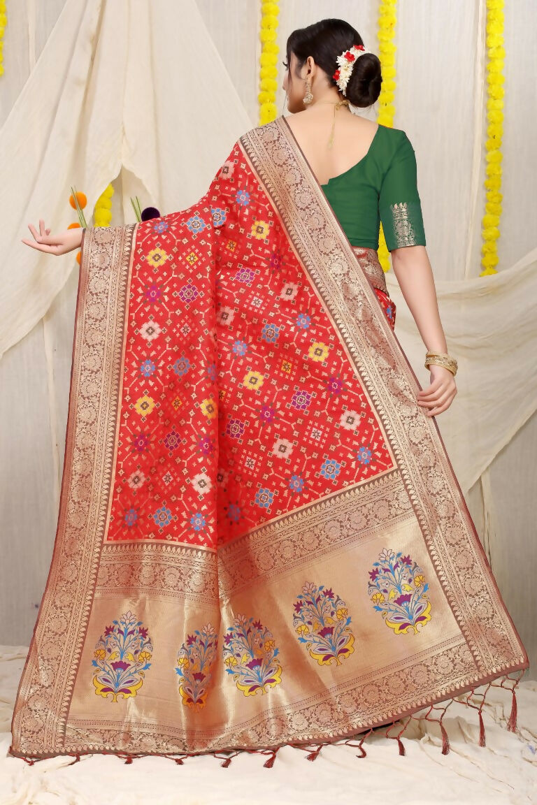 Red Patola Silk Saree with Green Blouse and Zari Woven Design