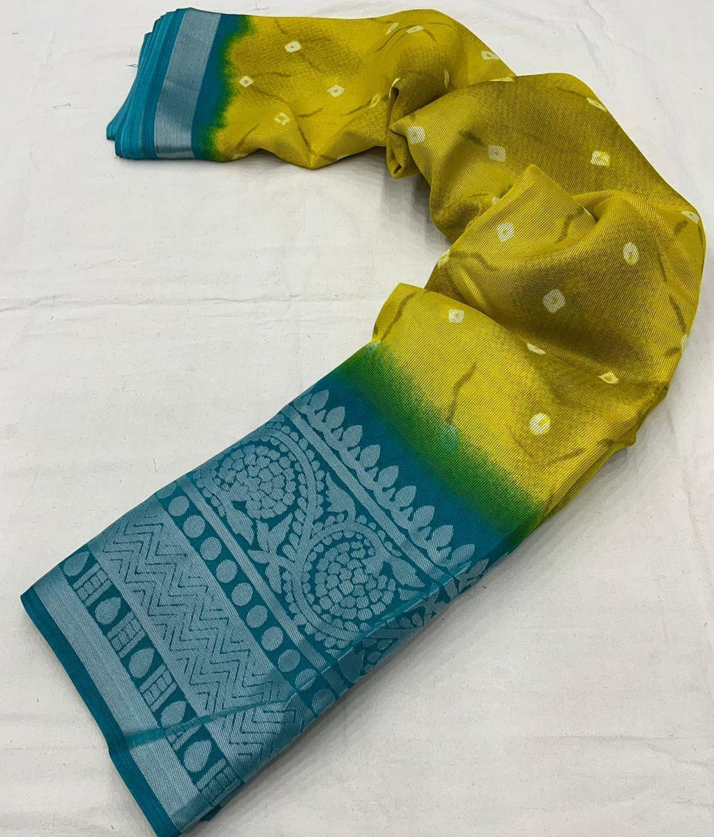 Yellow Jute Silk Ethnic Bandhani Print Saree with Broaso Border