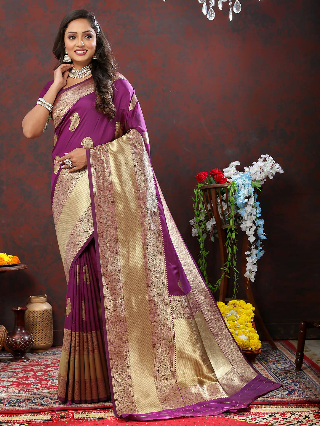 Wine Soft Silk Saree with Gold Zari Weaving and Silk Blouse