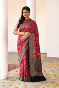 Vibrant hot pink Crepe Chiffon handloom Banarasi silk saree