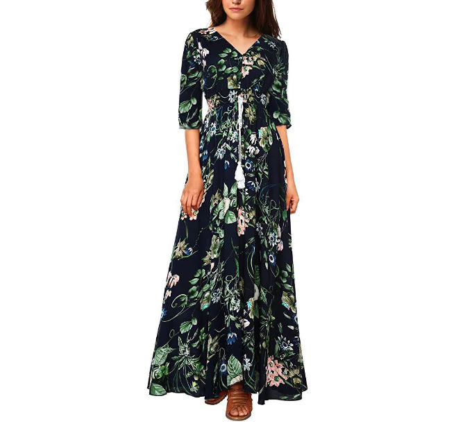 Women's Navy Floral Print Bohemian Maxi Dress with Button Front - Image 6
