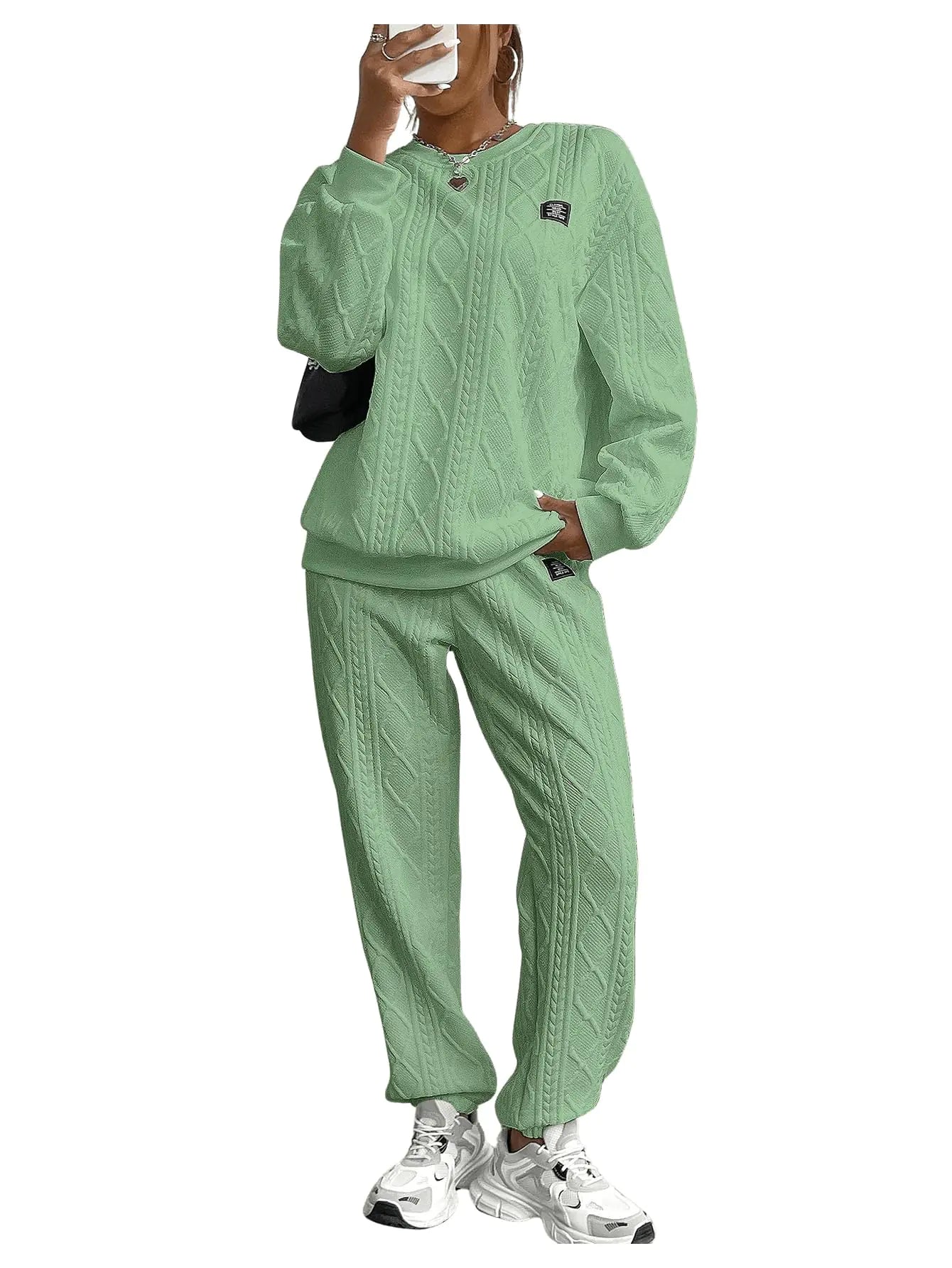 GORGLITTER Womens Sweatsuit 2 Piece Outfit Plain Oversized Crewneck Sweatshirt and Sweatpants Set Green Medium