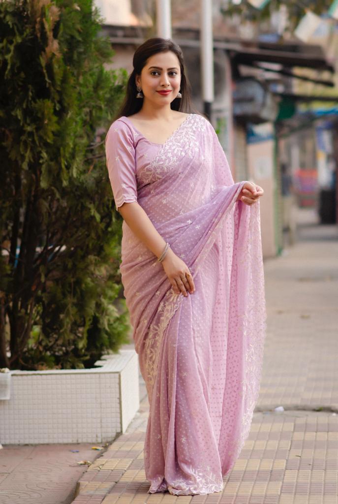 Pink Pure Chiffon Woven Design Saree with Unstitched Blouse - Hiral Fashion