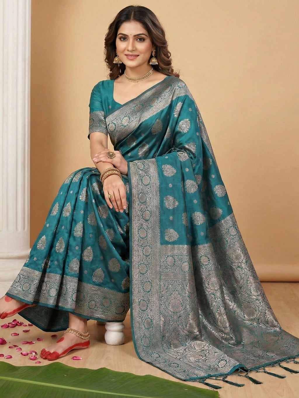 Sea Green Silk Blend Saree with Matching Blouse