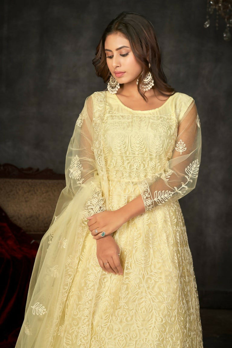Cream Net Embroidered Anarkali Kurta Pant Set with Dupatta