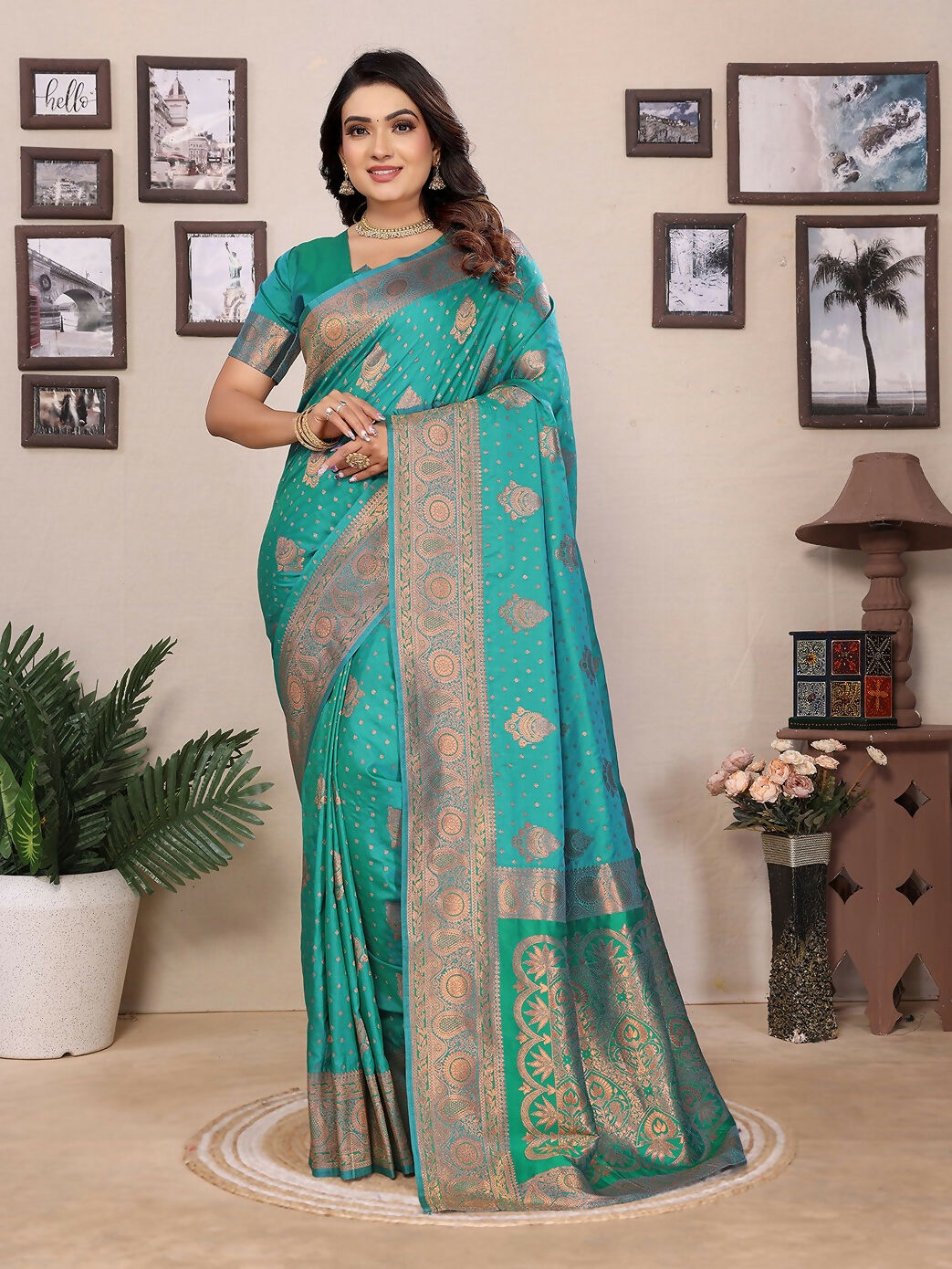 Light Green Banarasi Woven Soft Silk Saree showcasing intricate patterns and matching fabric.