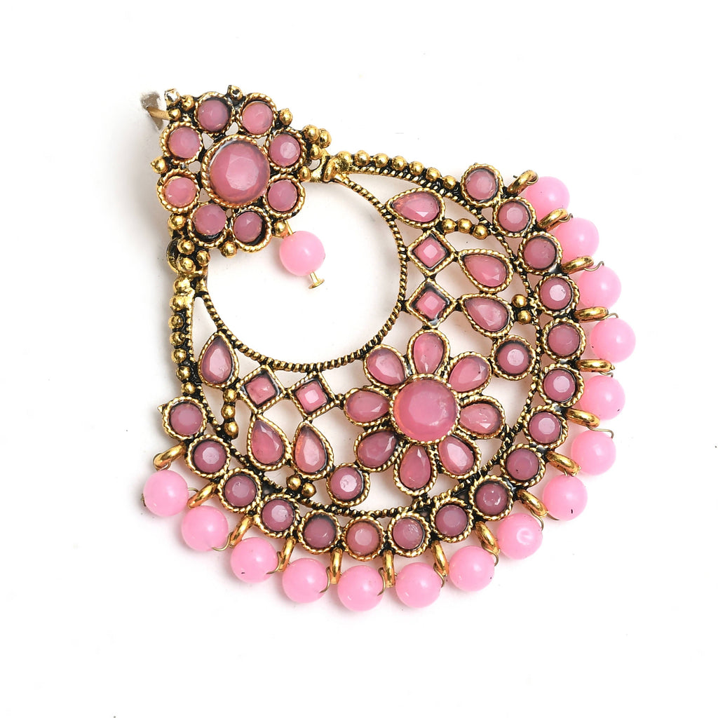 Golden and Pink Beaded Dangle Earrings for Festive Wear