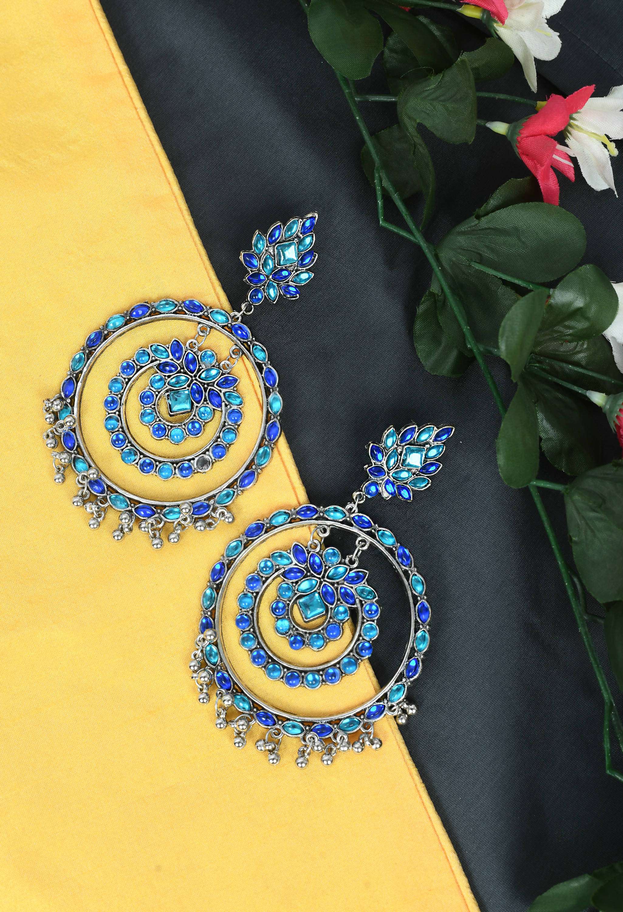 Blue Kundan Circle Dangle Earrings for Women and Girls