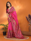 Vibrant Rani Pink Meena Weaves silk blend saree with intricate weaving details.