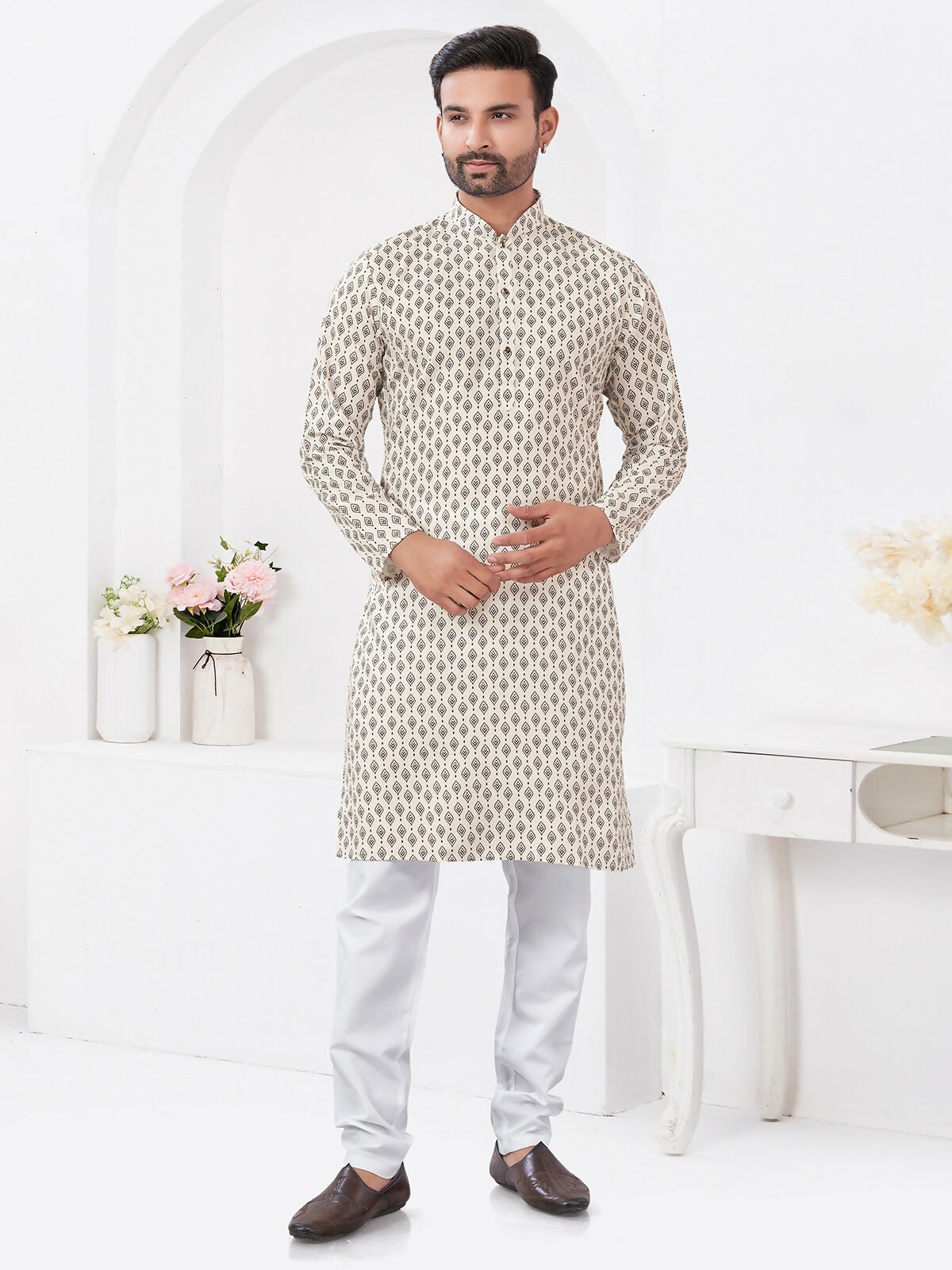Boys cream rayon cotton printed kurta pyjama set for ethnic festivities