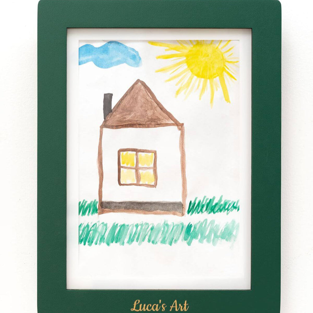 Minimalist wooden art storage frame displaying children's artwork in a bright living room