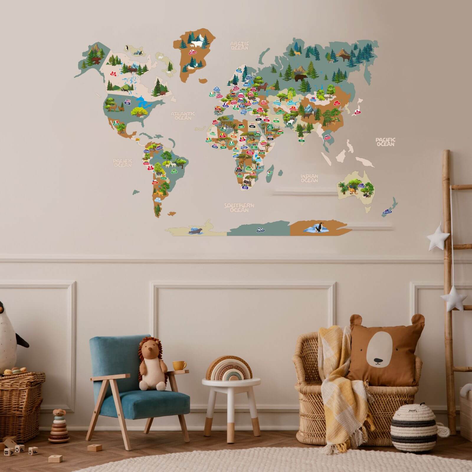 Decorative khaki world map wall art for children's nursery or playroom