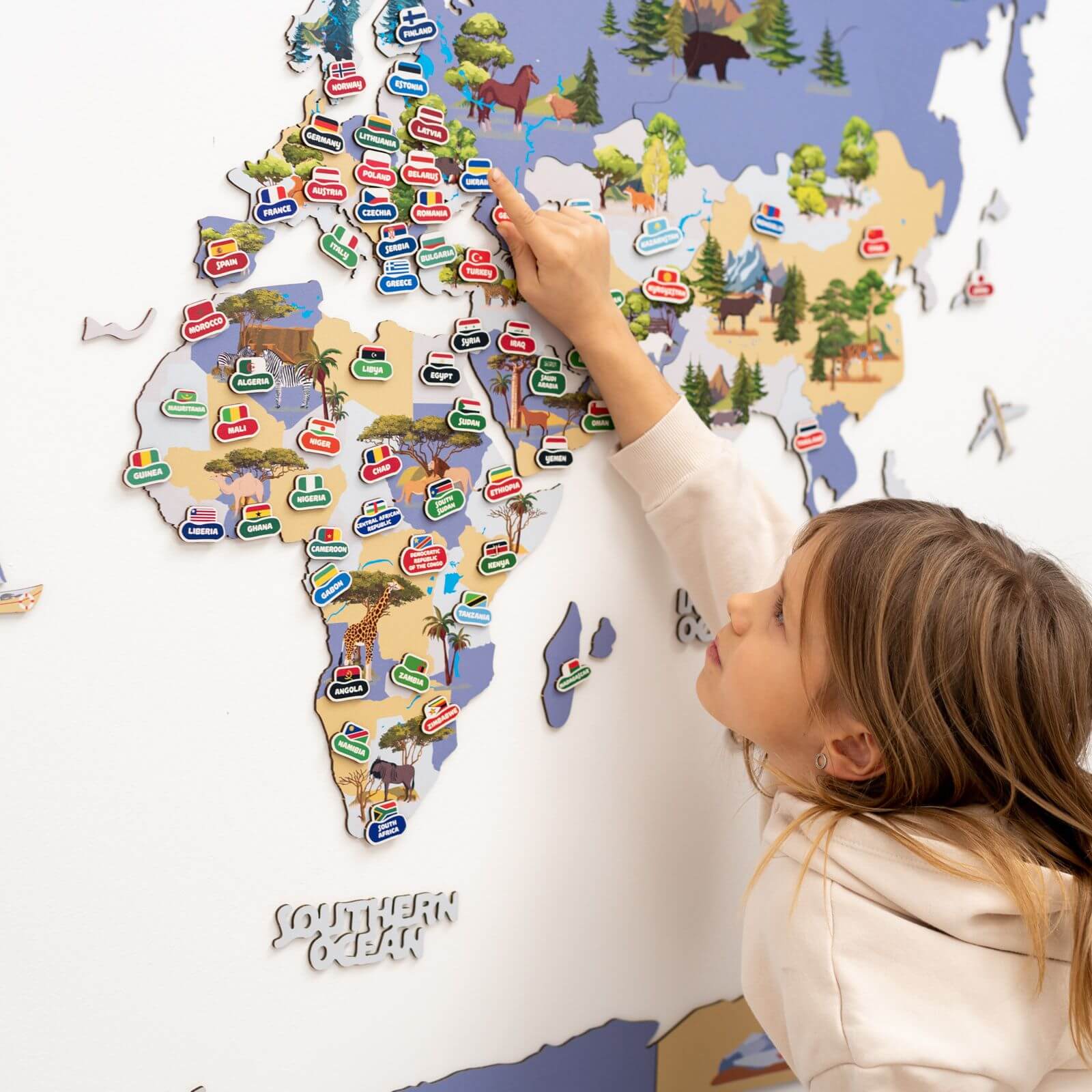 Interactive Animal World Map Wall Decor for Kids Nursery