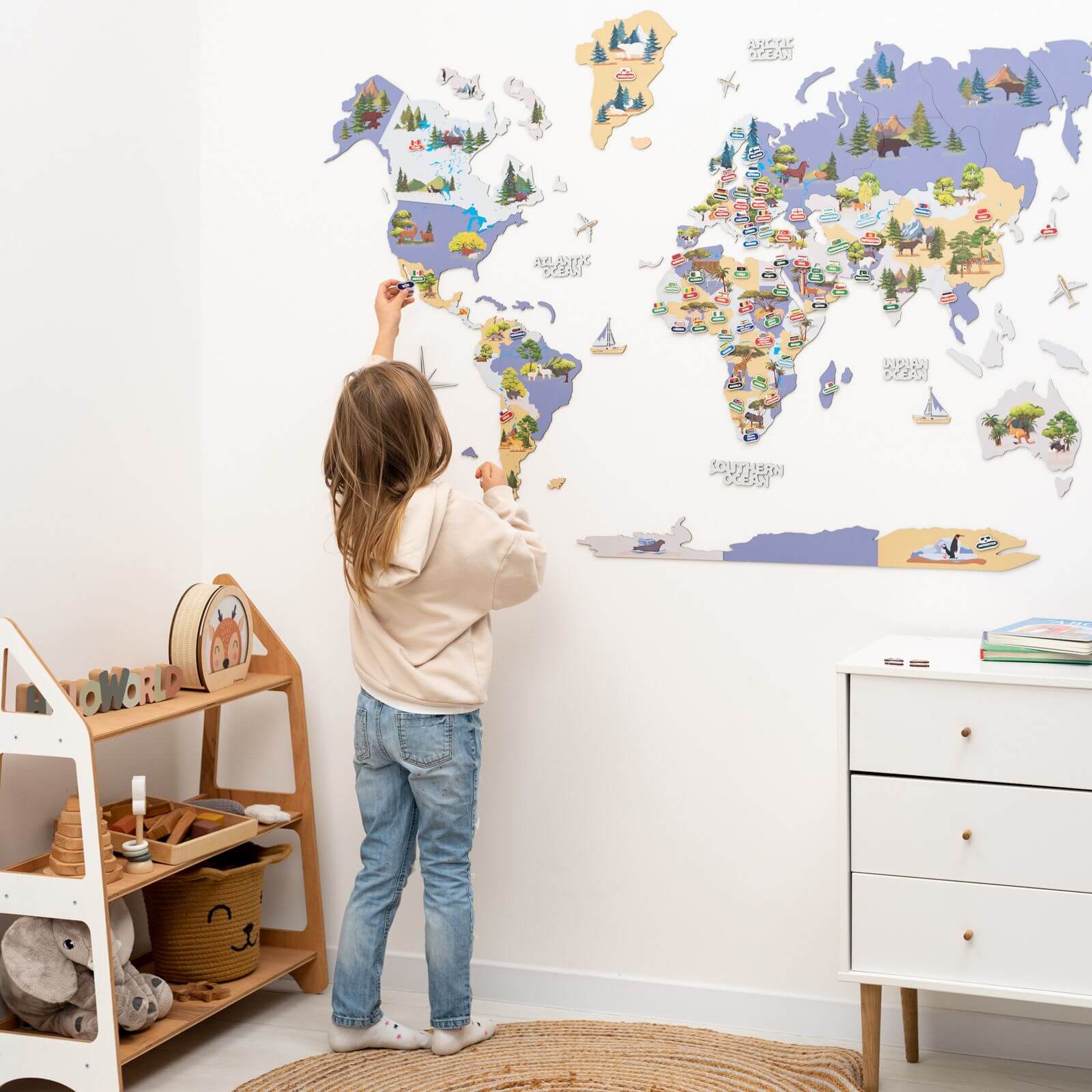 Interactive Animal World Map Wall Decor for Kids Nursery